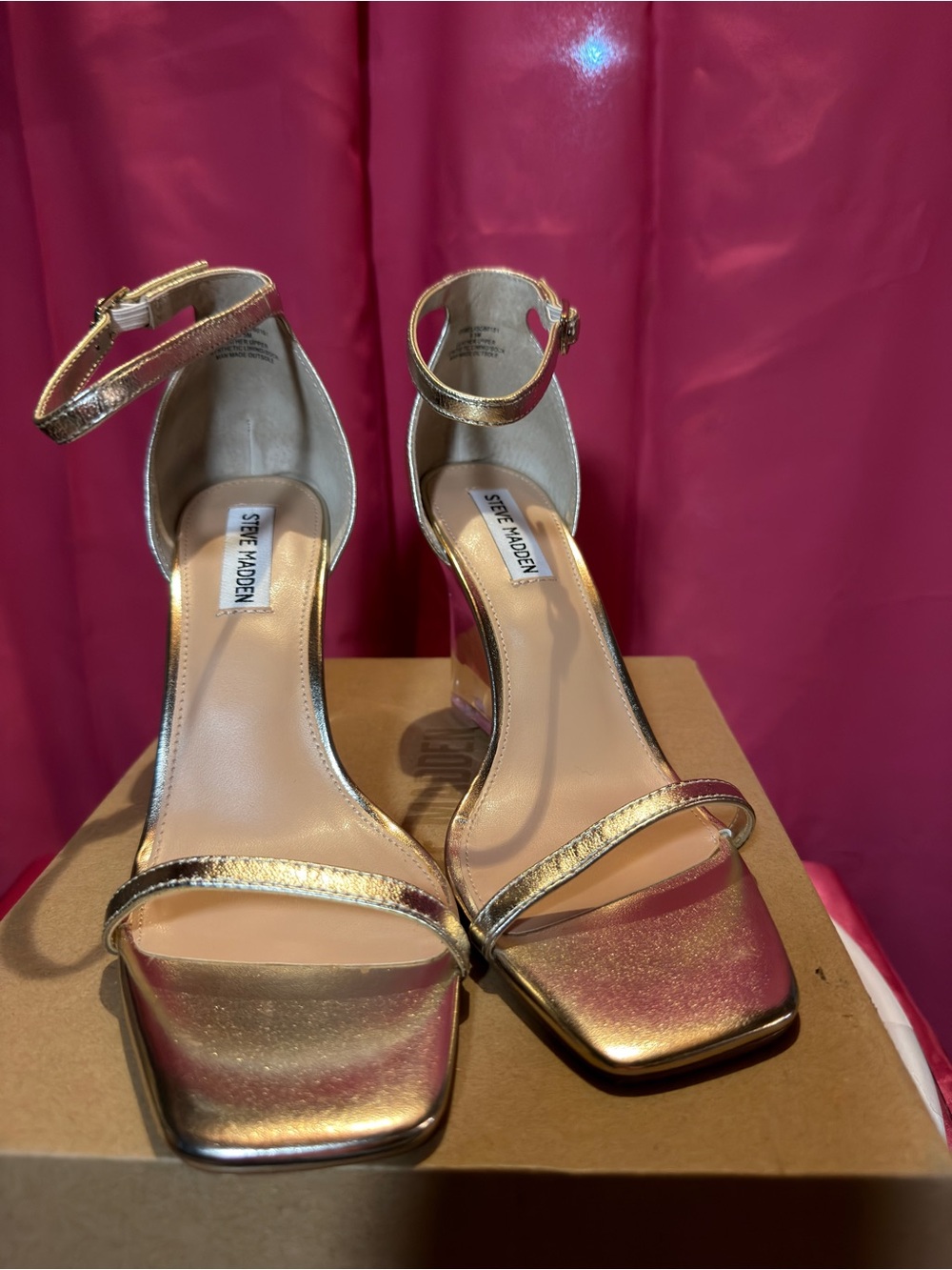 Steve Madden Gold Metallic Ankle-Strap Clear Block Heel Sandals